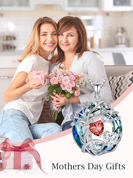 TOUPOP s925 Sterling Silver Family Celtic Tree of Life Pendant Necklaces with 2 Heart Birthstone with Blue Austrian Crystal Jewelry Birthday Valentines Day Gifts for Her, Anniversary Christmas Gifts for Wife Girlfriend Mom (18K Real White Gold Filled)