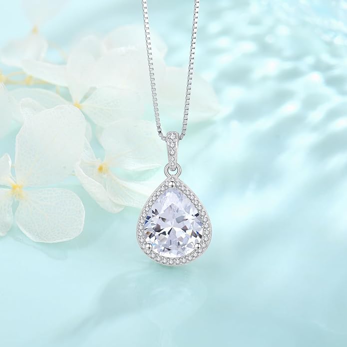 FJ Teardrop Pendant Necklace 925 Sterling Silver Birthstone Jewelry Gifts for Women