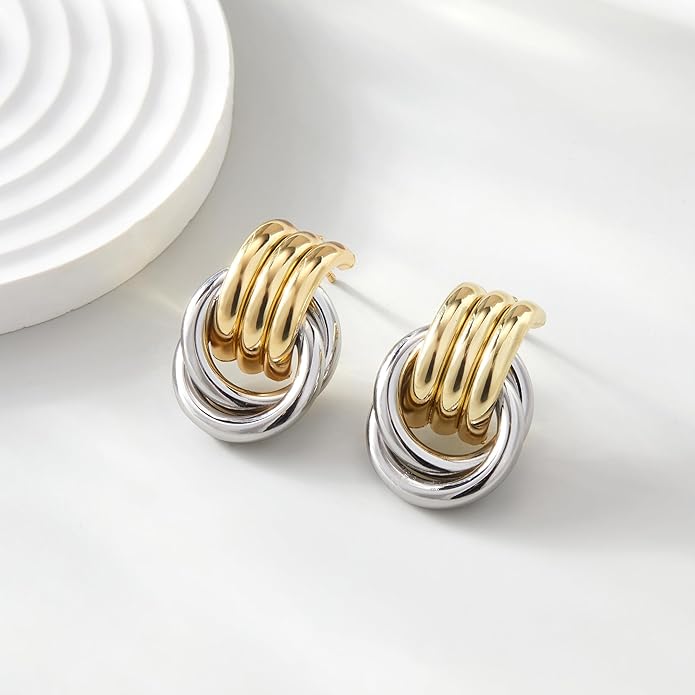 Chunky Gold Knot Earrings for Women, Gold Silver Statement Geometric Drop Dangle Long Link Earrings Trendy Dupes Jewelry