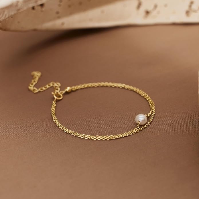 SLOONG Valentines Day Gifts for Her Gold Pearl Bracelets, 18K Real Gold Plated Dainty Stackable Snake Chain CZ Heart Pendant Bracelets, Layered Waterproof Jewelry Gift for Women Adjustable 6"+2"