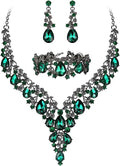 BriLove Women's Wedding Bridal Austrian Crystal Teardrop Flower Cluster Statement Necklace Dangle Earrings Jewelry Set for Party Prom