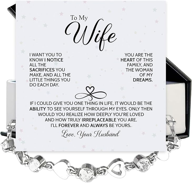 “To My Wife Heart Bracelet – Crystal Heart Link Jewelry Gift with Message Card”.
