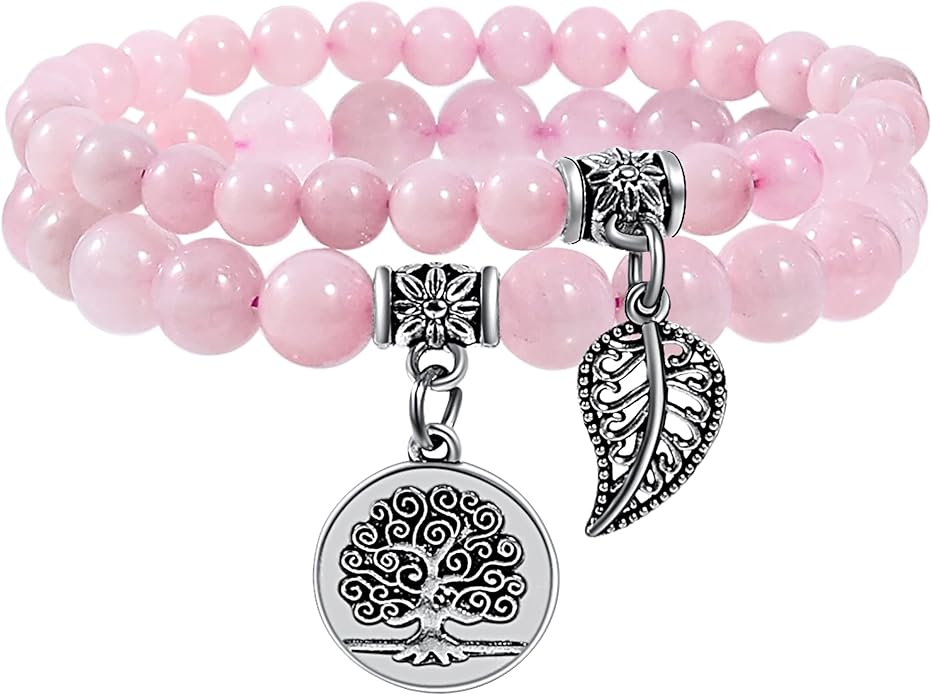 Bivei Natural Semi Precious Gemstone beads bracelet for women - Life Tree and Leaf Charm Energy Reiki Crystal Stretch Bracelets
