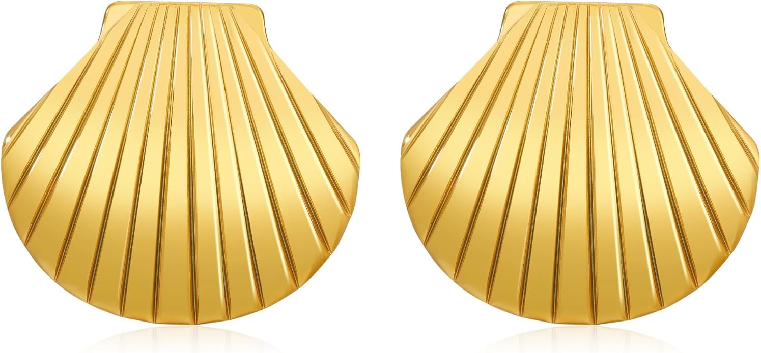 MISS RIGHT Gold Shell Earrings for Women, Stainless Steel Sea Shell Stud Seashell Earrings Beach Jewelry, Hypoallergenic Lightweight Summer Earrings