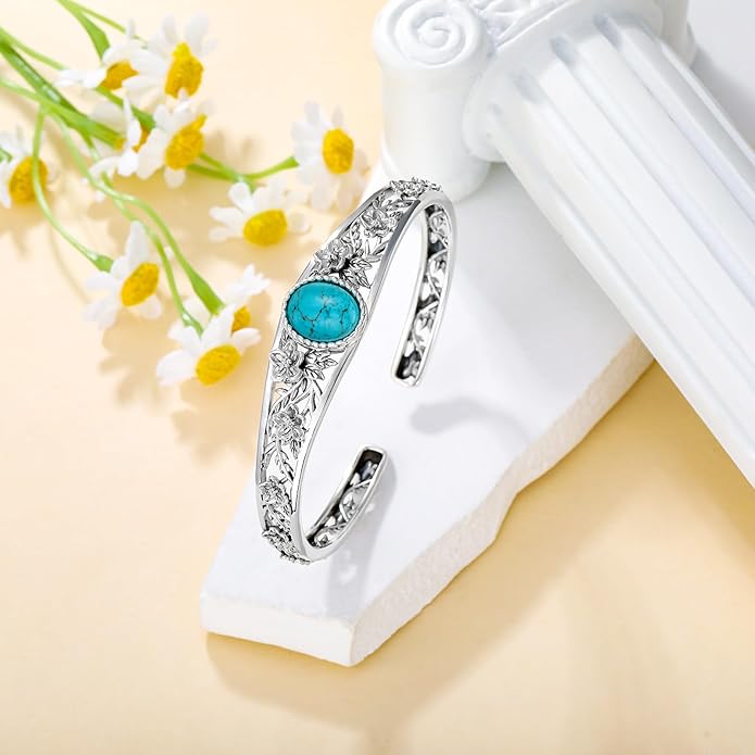 Genuine Turquoise Cuff Bracelet for Women, Sterling Silver Western Vintage Floral Bangle Native American Jewelry, For 6.5-7.5 Inch Wrists