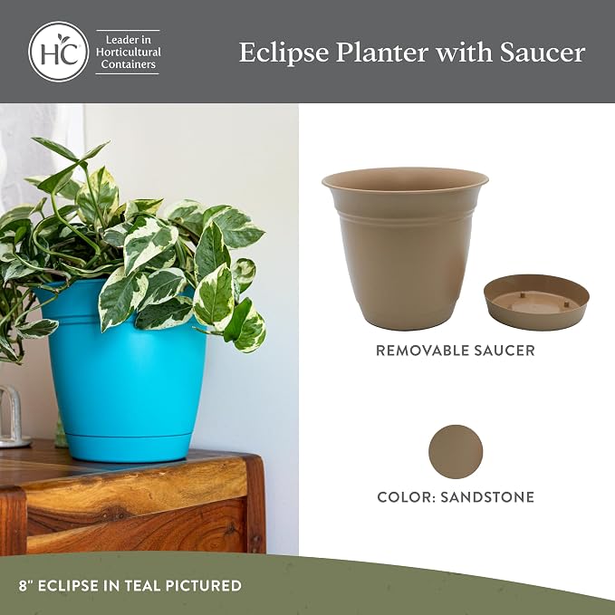 The HC Companies Eclipse Round Planter Pot, 8 Inch, Attached Saucer, Drainage - Image 2