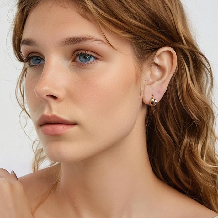 WOSTU 14K Gold Plated Two-Tone Oval Hoop Earrings for Women, Water Drop Design Lightweight Huggie Earrings,925 Sterling Silver Posts Double Drop Chunky Hoops Hypoallergenic Ear Buckles