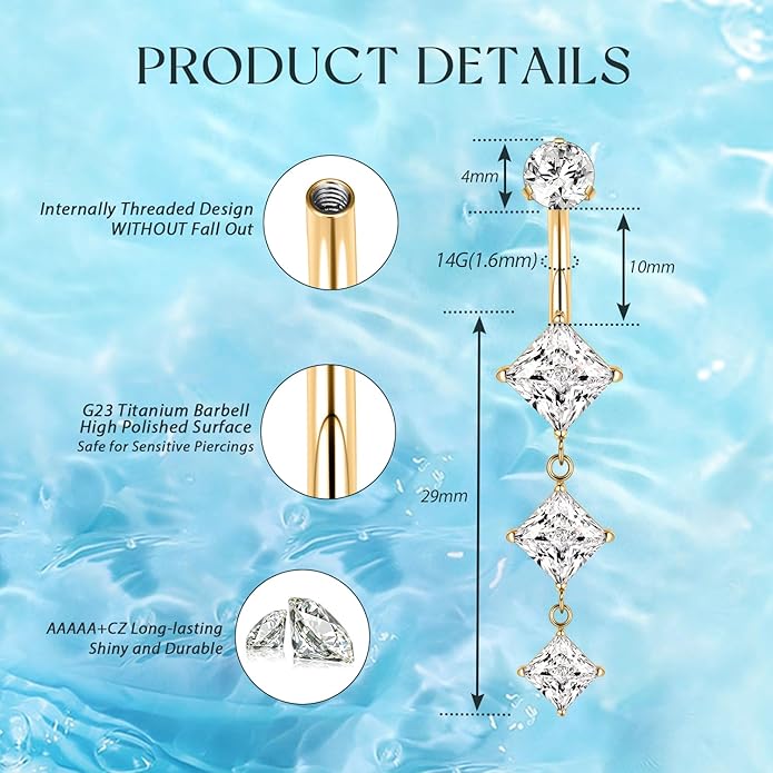 GAGABODY G23 Titanium Belly Button Ring Dangle Belly Rings Belly Piercing Jewelry 14G 3/8 inch 10mm Navel Barbell CZ Navel Piercing Ring