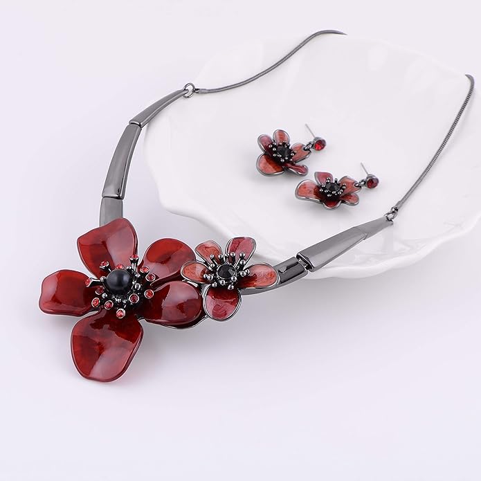 AMYJANE Vintage Statement Jewelry Set - Spring Leaf Flower Floral Plant Necklace Earring Set Crystal Rhinestone Fashion Costume Jewelry for Women Prom Party Unique Gift