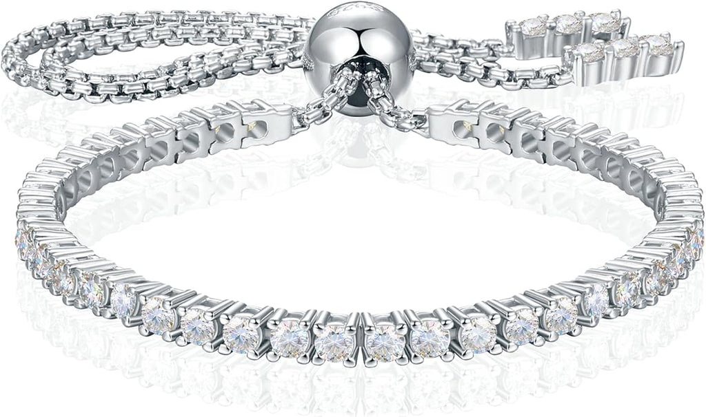 Moissanite Tennis Bracelet 1.79ct-8.69ct Adjustable Bracelet for Women 18K White Gold Plated S925 Sterling Silver Tennis Bracelet D Color VVS1 Round Cut 2/3/4mm Moissanite Bracelet Gifts for Wife/Mom