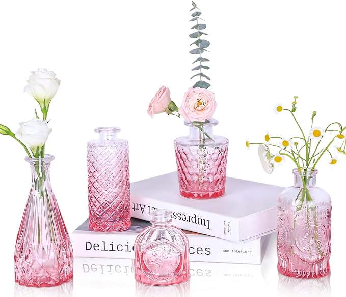 UPBUD Pink Glass Bud Vases Set of 5, Mini Flower Vase by UPBUD