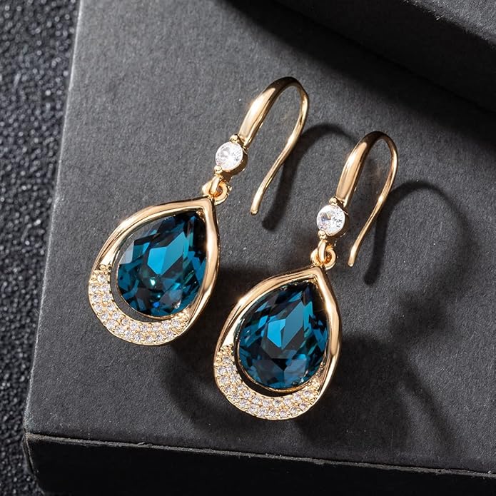 Austrian Crystal Halo Teardrop Hollow Drop Dangle Earrings for Women 14K Rose Gold Plated Hypoallergenic Jewelry Gifts