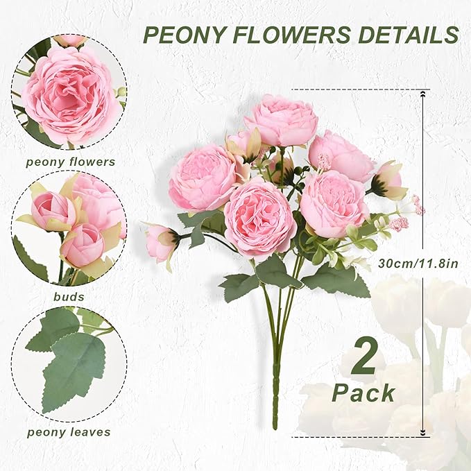 2 Packs Peonies Artificial Flowers, Light Pink Silk Artificial Peonies | Fake - Image 4