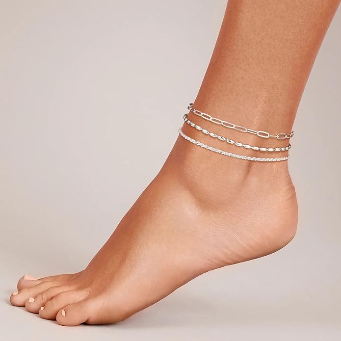 Ankle Bracelets for Women, Glitter Waterproof Adjustable Anklet for Women, 14K Gold Plated/Sterling Silver Layered Anklets, Summer Beach Anklet Jewelry for Women Gift