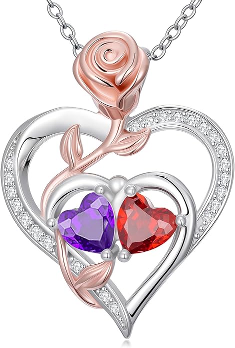 Rose Flower Heart Pendant for Women Birthday Gifts 18k Gold Plated Mother Daughter Necklace with 12 Months Birthstone Christmas Valentines Day Gifts for Her Mom Anniversarry Jewelry for Mom Wife Girlfriend