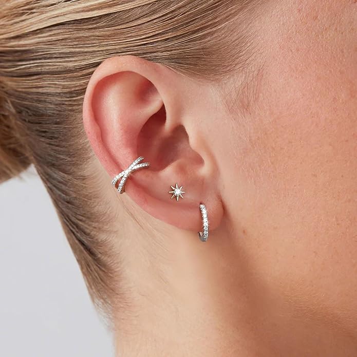 KRFY 2Pcs Adjustable Ear Cuff S925 Sterling Silver Ear Cuffs Non Piercing Cuff Earrings for Women 5A Cubic Zirconia Clip On Cartilage Helix Conch Fake Earrings Hypoallergenic