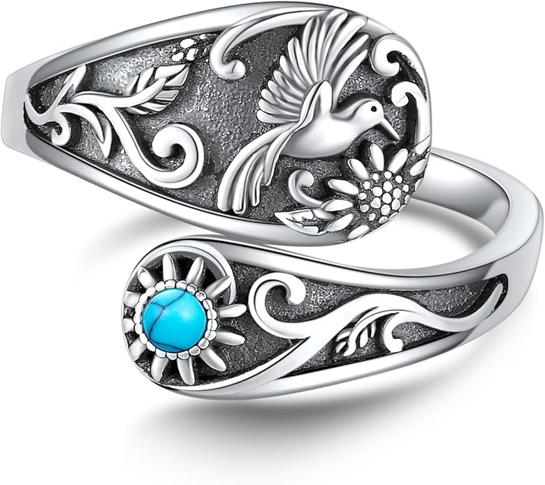 Hummingbird Ring 925 Sterling Silver Turquoise Sunflower Adjustable Open Spoon Ring Victorian Style Bird Jewelry Mothers Gifts for Women Mom Grandma