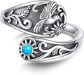 Hummingbird Ring 925 Sterling Silver Turquoise Sunflower Adjustable Open Spoon Ring Victorian Style Bird Jewelry Mothers Gifts for Women Mom Grandma