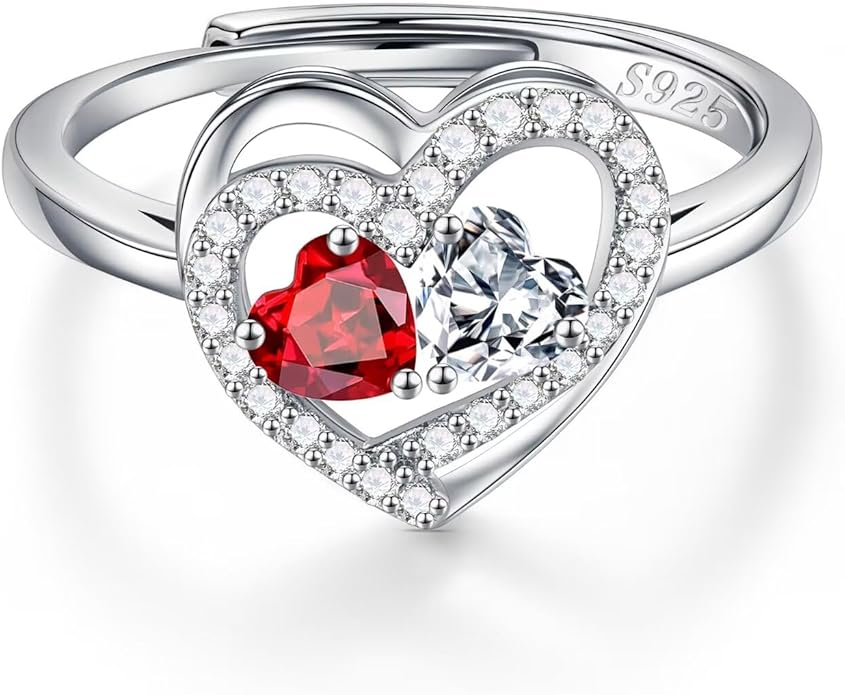 Iefil Adjustable Ring for Women - 925 Sterling Silver Double Birthstone Rings, Anniversary Birthday Gifts for Women Wife Her