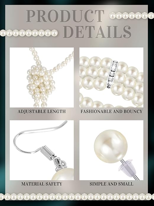 Glenmal Pearl Rhinestone Jewelry Set for Women Pearl Necklace Bracelet Earrings for Wedding Birthday Bridal Shower Tea Party