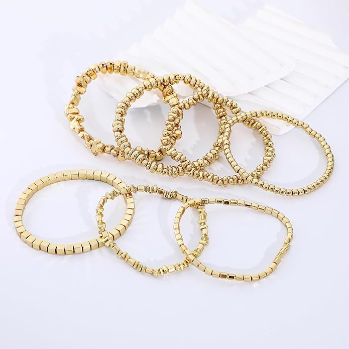Gold Plated Beaded Bracelets for Women Trendy, 14K Gold Plated Stack Cross Pearl Gold Plated Bead Stretch Bracelets Set Elastic Hypoallergenic Bracelets Jewelry Gifts