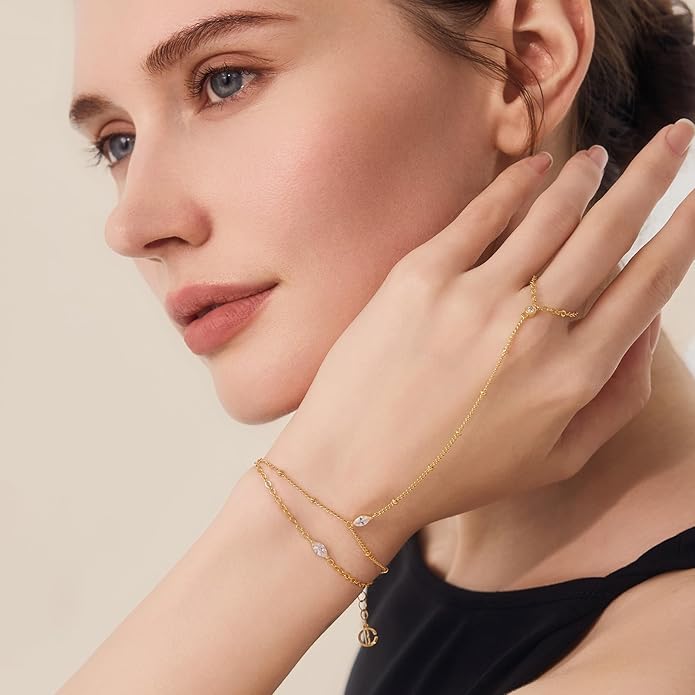 Cicy Bell Hand Chain 18k Gold Plated Bracelet for Women Trendy Teardrop Cubic Zirconia Adjustable Finger Ring Slave Dainty Bracelets Jewelry Gifts
