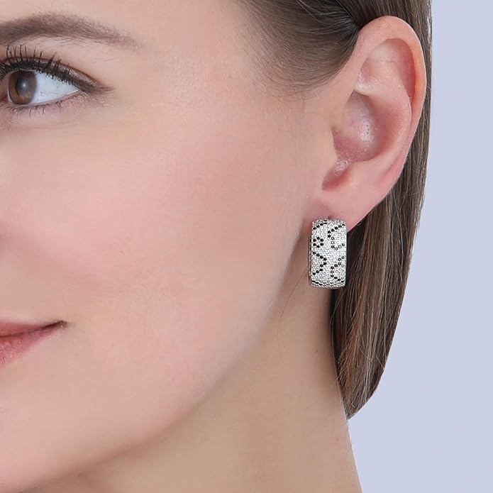 Rose Gold Hoop Earrings for Women, 925 Silver-Plated Thickened Hypoallergenic Earrings, CZ Black Gemstone-Inlaid Earrings - Women's Fashion Jewelry