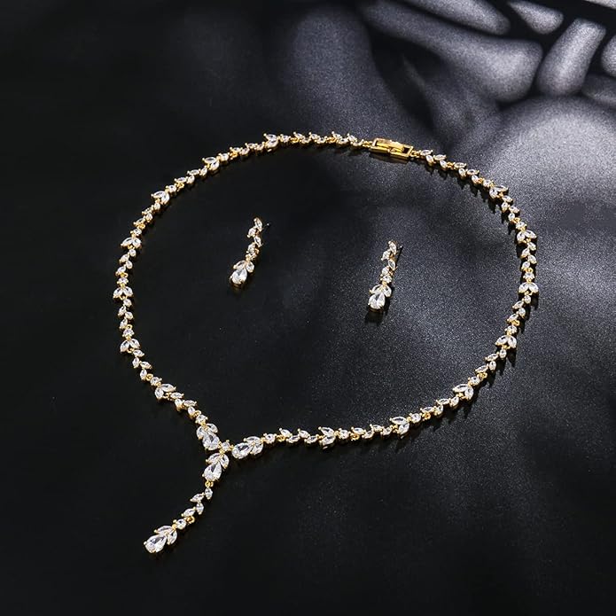 Bridal Wedding Jewelry CZ Set Marquise Teardrop Cubic Zirconia Pendant Necklace and Dangle Earring Bracelet Sets for Women