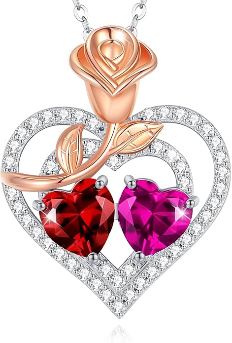 AGVANA Valentines Day Gifts Birthstone Necklace for Women Sterling Silver Rose Flower Heart Double Birthstone Jewelry Pendant Necklace Anniversary Birthday Gifts for Women Mom Wife Girlfriend Her