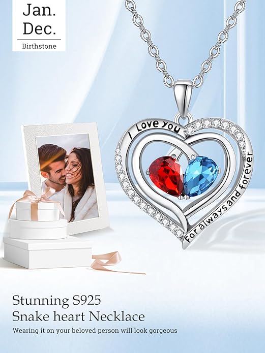 Valentine's Day Gifts for Wife 925 Sterling Silver Double Birthstone Pendant Necklaces I Love You for Always and Forever Necklace Anniversary Birthday Gifts for Wife Girlfriend Mom Her