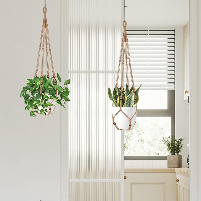 LEWESU Jute Macrame Plant Hanger Indoor Set of 2 Hanging Planter Basket Flower - Image 7