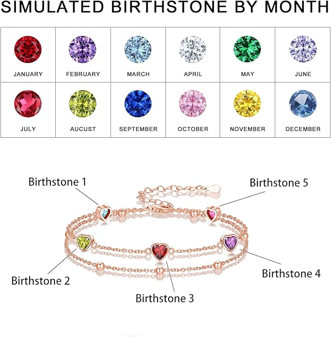 Birthstone Anklet/Bracelets for Women 925 Sterling Silver Charm Link Double Strand Heart Birthstone Jewelry Gift for Wife Women Mother's Day Gift