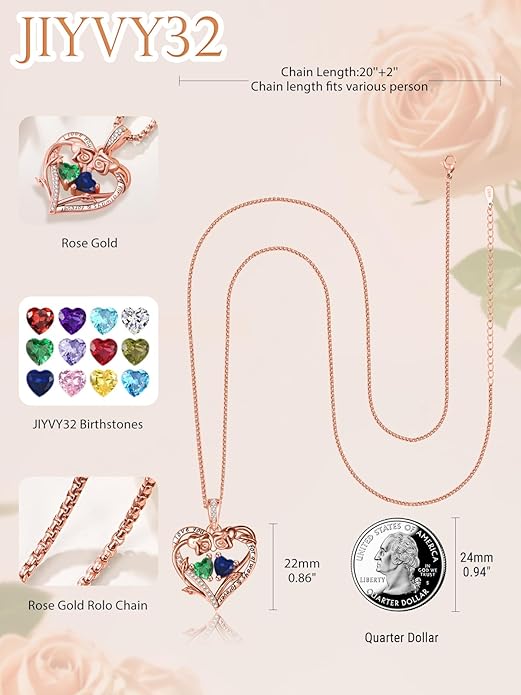 Rose Heart Necklaces for Women, Rose Gold Forever Love Jewelry with 2 Birthstones Pendant,Valentines Anniversarry Birthday Gifts for Her Wife Mom Grandma Daughter, 18+2 Inch Chain