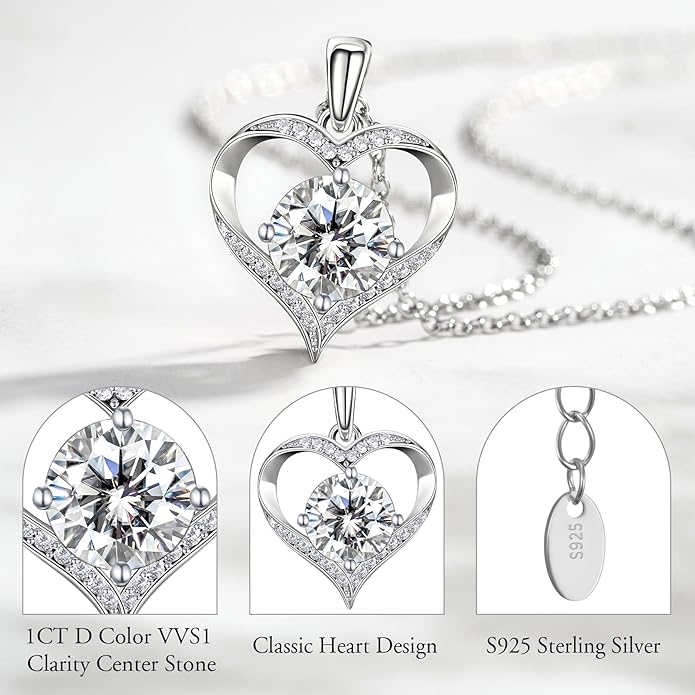 NORBU Moissanite Necklace for Women, 1 CT D Color VVS1 Clarity Round Cut, 925 Sterling Silver Heart Necklace with 18K White Gold Plated, Jewelry Gift for Wedding Anniversary Birthday Christmas Valentine's Day