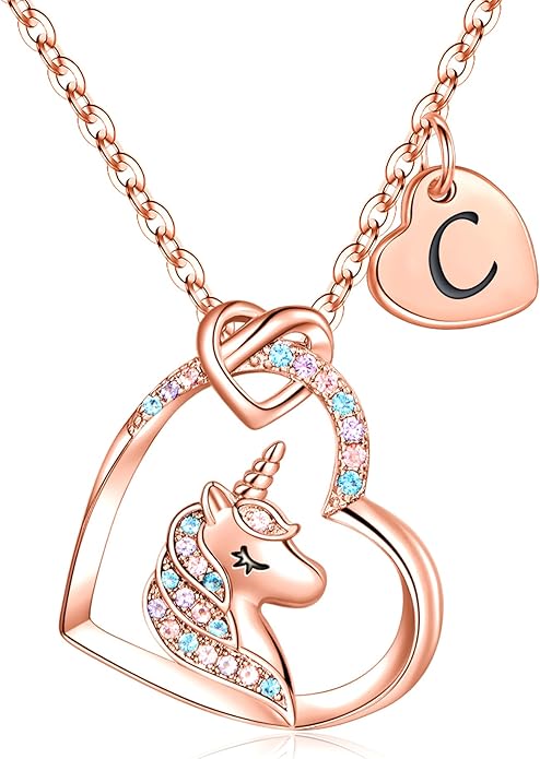 Hidepoo Valentines Gifts for Kids Girls - Unicorn Necklace Gifts for Teen Girls Kid, Colorful CZ Heart Pendant Initial Unicorn Necklaces for Girl Jewelry Birthday Gift for Girl Kid