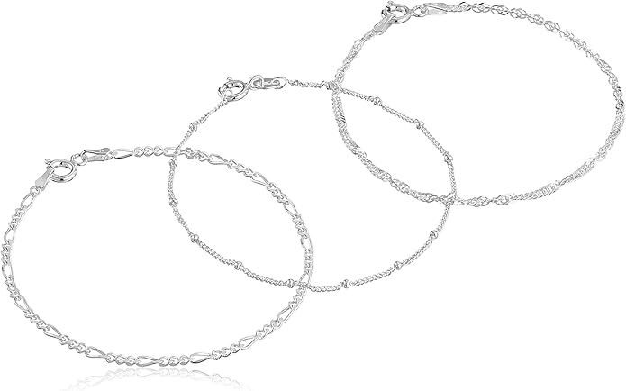 Amazon Essentials Set of Three Singapore, Figaro and Bead Station Chain Bracelet