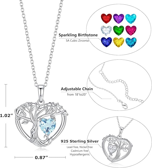 Tree of Life Necklaces for Women 925 Sterling Silver Heart Pendant Birthstone Necklace Created Gemstone Jewelry for Her, 18"+2"