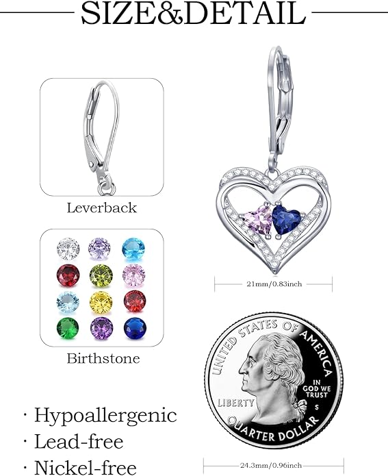 Valentines Day Gifts for Women, Heart Leverback Earrings Double Birthstone Dangle Earrings for Women, Love Jewelry for Her, Anniversary Birthday Gift for Mom Wife Girlfriend