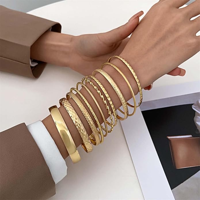 16Pcs Gold Bangle Bracelets for Women - Multi Layer Stackable Textured Bracelets Boho Jewelrys Set.