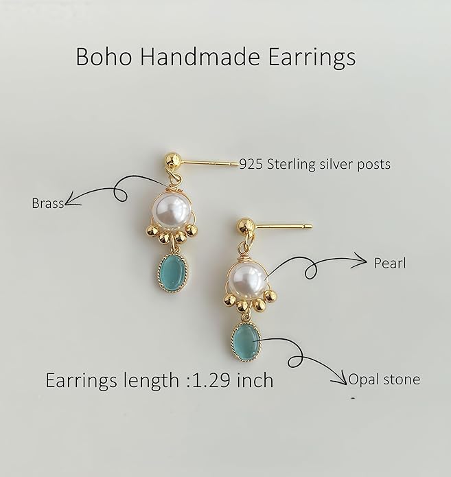 Hupplle Handmade Vintage Boho Dangle Earrings with Natural Stone Crystal Pearl Lightweight Hypoallergenic Elegant Jewelry Gifts for Women