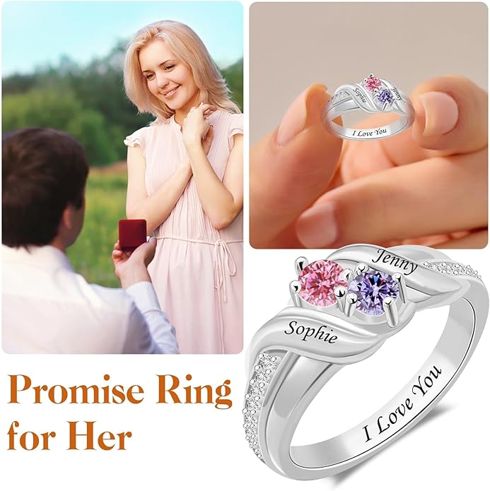 Personalized Heart Birthstone Rings for Women with 2 Birthstones Custom Name Rings for Couple Mother Daughter Jewelry Gift for Mother Her Christmas