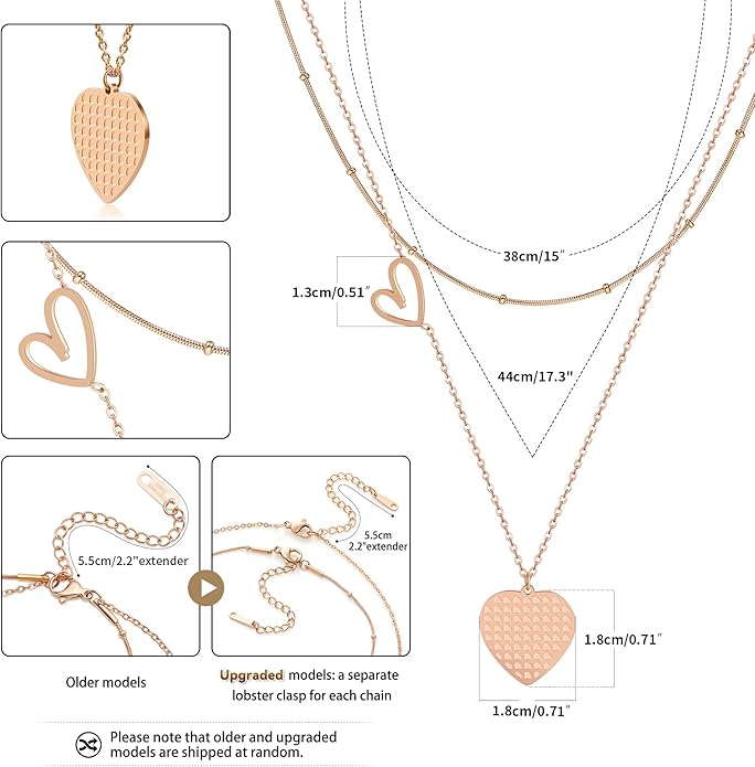 Linawe Layered Choker Heart Pendant Necklace for Women Trendy, Gold/Silver/Rose Gold Chain Stainless Steel Stacked Necklaces, Double Heart Necklace Y2K Preppy Jewelry