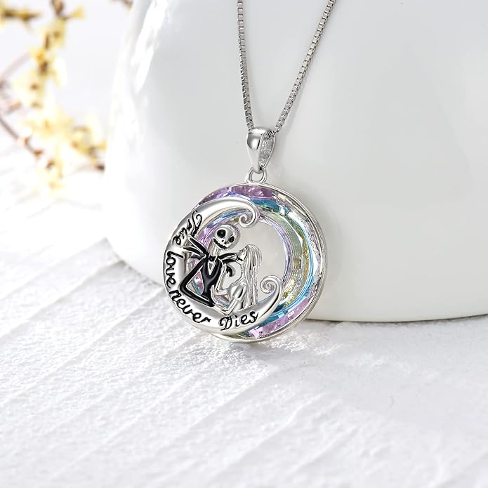 LILALO Nightmare Necklace Sterling Silver Abalone Shell Crystal Jack and Sally Necklace Jack Skellington Skull Jewelry Skull Necklaces for Women
