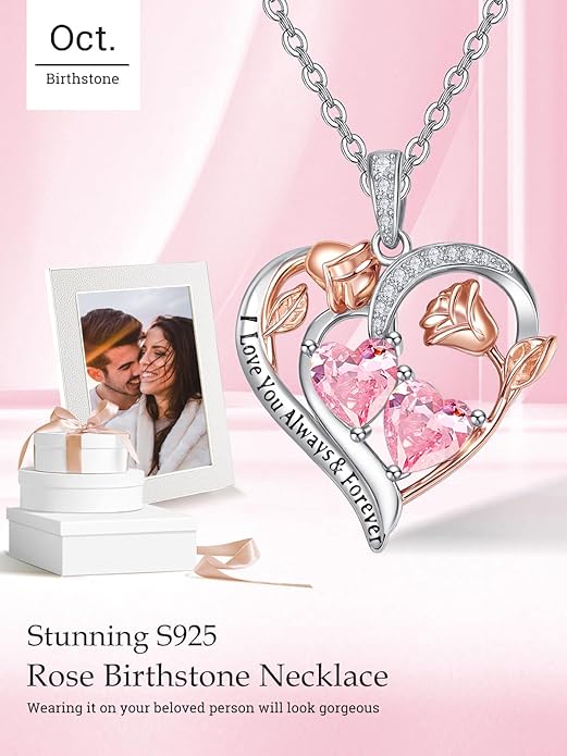 Valentine's Day Gifts for Wife 925 Sterling Silver Double Birthstone Pendant Necklaces I Love You for Always and Forever Necklace Anniversary Birthday Gifts for Wife Girlfriend Mom Her