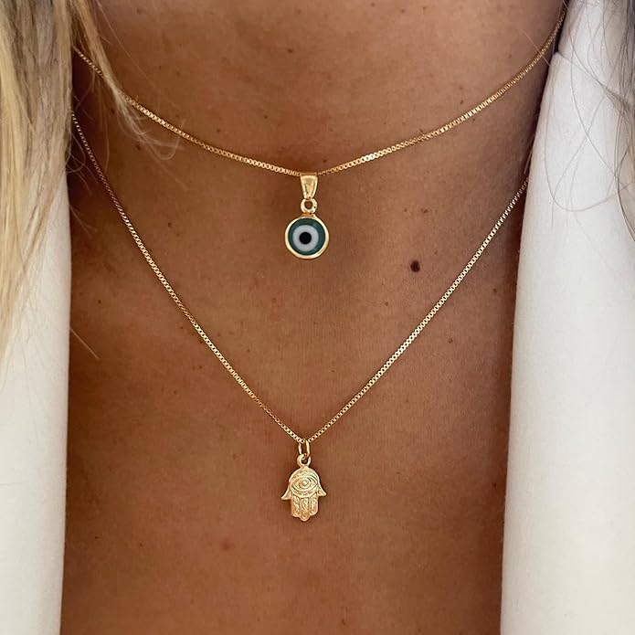 Evil Eye Necklace for Women 14K Gold Plated Delicate Necklaces Blue White CZ Diamond Pendant Necklace Cute Boho Tiny Evil Eye Lucky Protection Jewelry Gift for Women