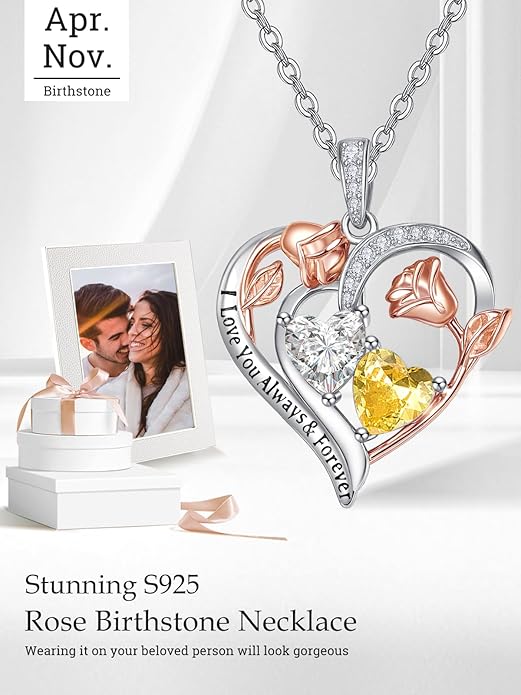 Valentine's Day Gifts for Wife 925 Sterling Silver Double Birthstone Pendant Necklaces I Love You for Always and Forever Necklace Anniversary Birthday Gifts for Wife Girlfriend Mom Her