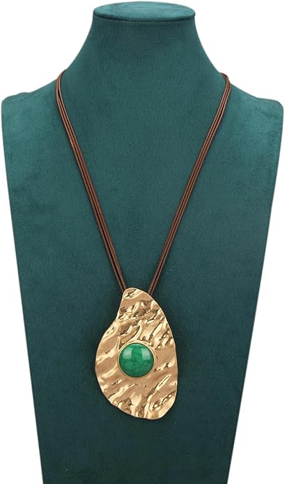 GelConnie Leather Necklace for Women Large Pendant Long Brown Necklace Circle Leather Choker Vintage Sweater Necklace Gold Chunky Boho Necklaces for Women