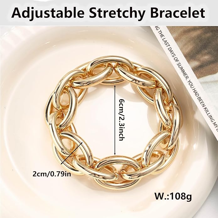 Chunky Gold Bracelet for Women Non Tarnish, Trendy Stretch Cuban Link Chain Plated Gold Bangle Bracelets