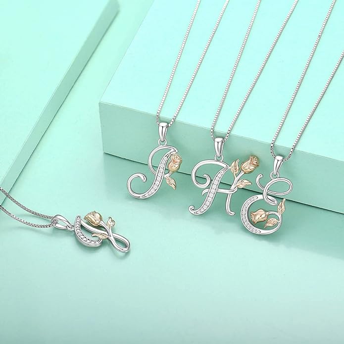 STARCHENIE Initial Necklace for Women Sterling Silver Letters 26 Alphabet Pendant Rose Flower Jewelry Gifts for Family Sisters Friend