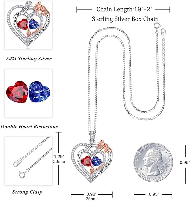 Iefil Valentines Day Gifts for Her Wife - 925 Sterling Silver Double Birthstone Necklace, Anniversary Birthday Gifts for Women, Jewelry Gift for Wife Girlfriend Mom Her